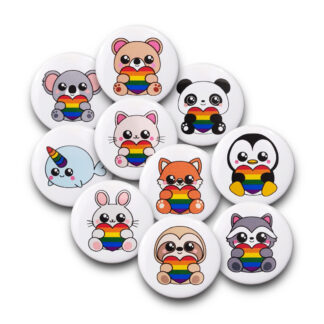 Rainbow LGBTQ+ pride flag 25mm cute animal button pin badges.